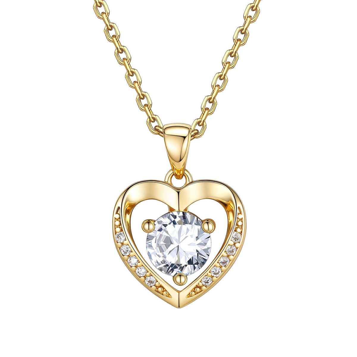 Gold Plated Cubic Zirconia Heart Pendant Necklace for Women on a white background