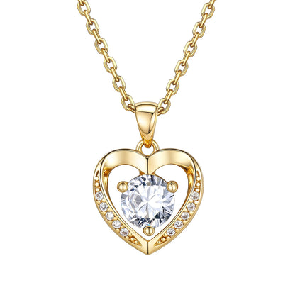 Gold Plated Cubic Zirconia Heart Pendant Necklace for Women on a white background
