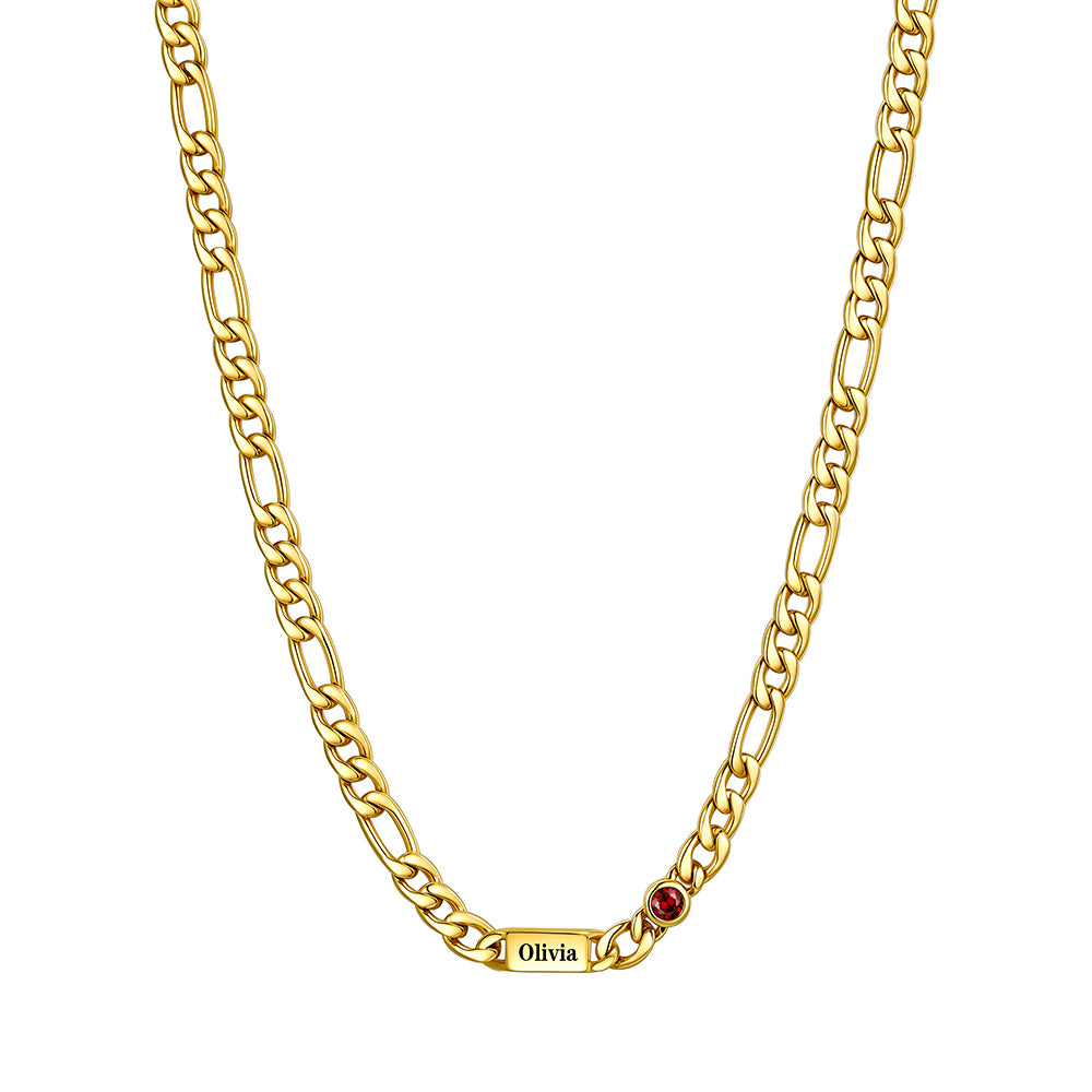 Gold Plated Custom 1-Name Round Birthstone Figaro Chain Necklace on a white background 