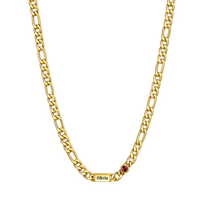 Gold Plated Custom 1-Name Round Birthstone Figaro Chain Necklace on a white background 