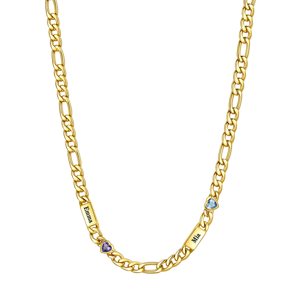 Gold Plated Custom 2-Name Heart Birthstone Figaro Chain Necklace on a white background 