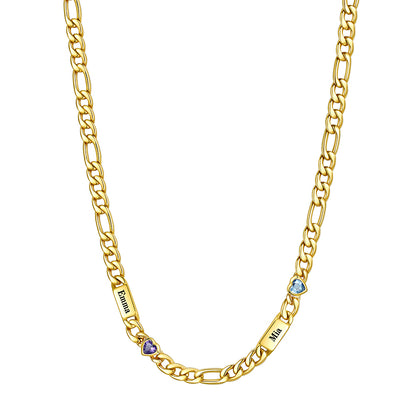 Gold Plated Custom 2-Name Heart Birthstone Figaro Chain Necklace on a white background 