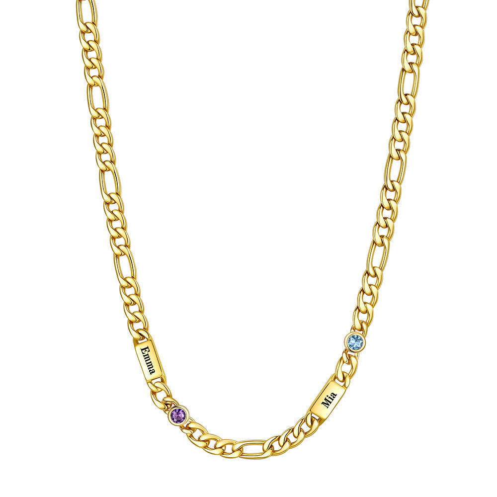 Gold Plated Custom 2-Name Round Birthstone Figaro Chain Necklace on a white background 