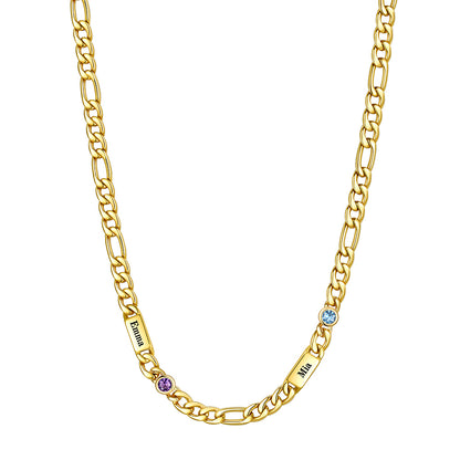 Gold Plated Custom 2-Name Round Birthstone Figaro Chain Necklace on a white background 