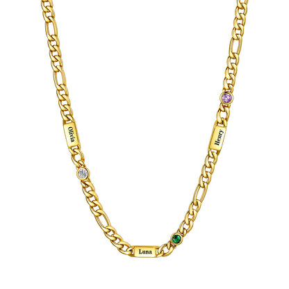 Gold Plated Custom 3-Name Round Birthstone Figaro Chain Necklace on a white background 