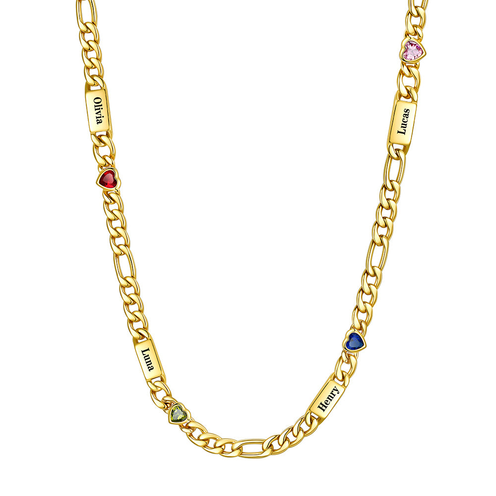Gold Plated Custom 4-Name Heart Birthstone Figaro Chain Necklace on a white background 