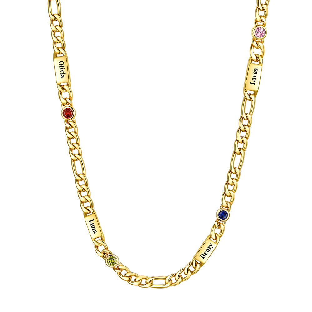 Gold Plated Custom 4-Name Round Birthstone Figaro Chain Necklace on a white background 