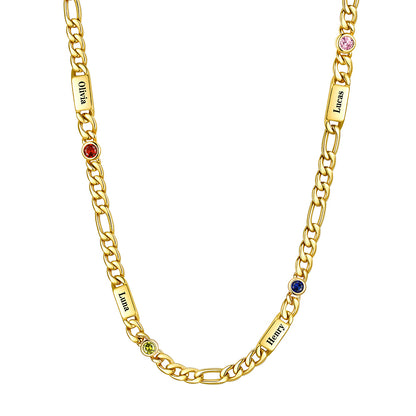 Gold Plated Custom 4-Name Round Birthstone Figaro Chain Necklace on a white background 