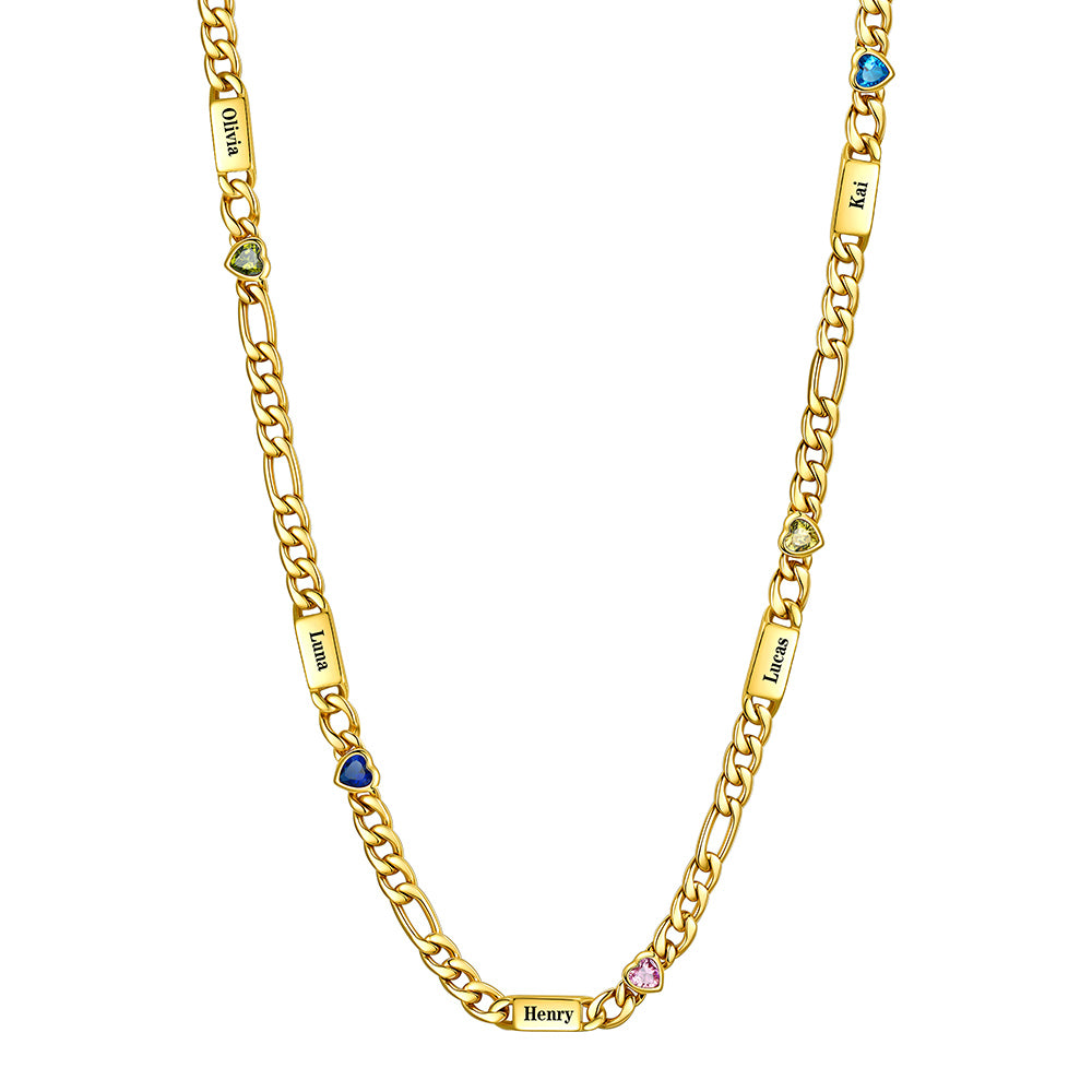 Gold Plated Custom 5-Name Heart Birthstone Figaro Chain Necklace on a white background 