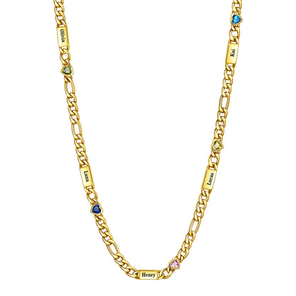 Gold Plated Custom 5-Name Heart Birthstone Figaro Chain Necklace on a white background 