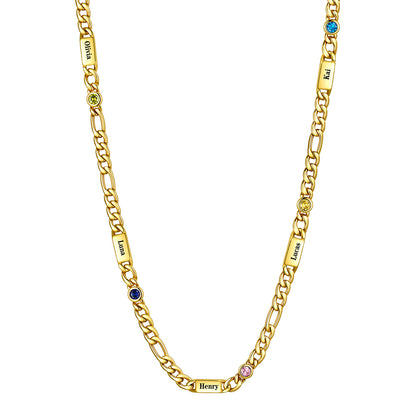 Gold Plated Custom 5-Name Round Birthstone Figaro Chain Necklace on a white background 