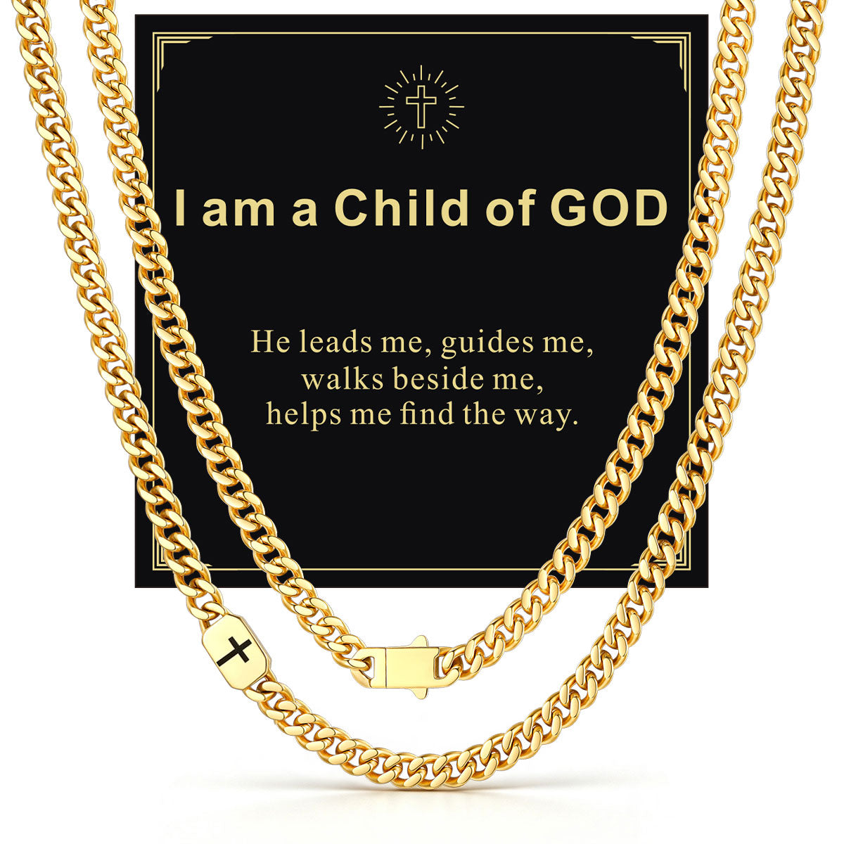 Gold Plated Custom Cross 7mm Cuban Link Chain Necklace in Stainless Steel with greeting card I am a Child of GOD