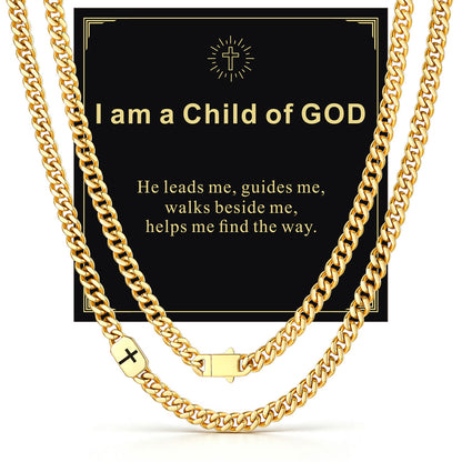 Gold Plated Custom Cross 7mm Cuban Link Chain Necklace in Stainless Steel with greeting card I am a Child of GOD