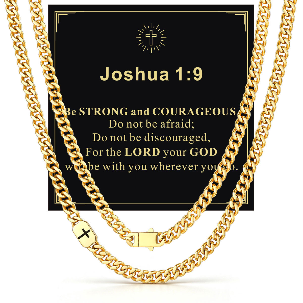 Gold Plated Custom Cross 7mm Cuban Link Chain Necklace in Stainless Steel with greeting card Joshua 1:9