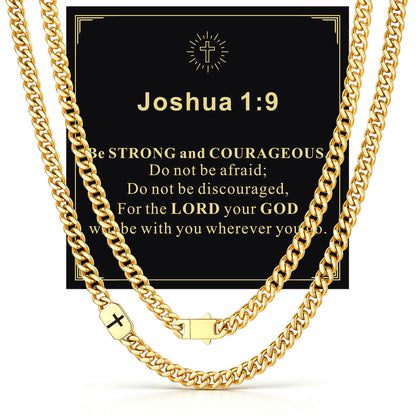 Gold Plated Custom Cross 7mm Cuban Link Chain Necklace in Stainless Steel with greeting card Joshua 1:9