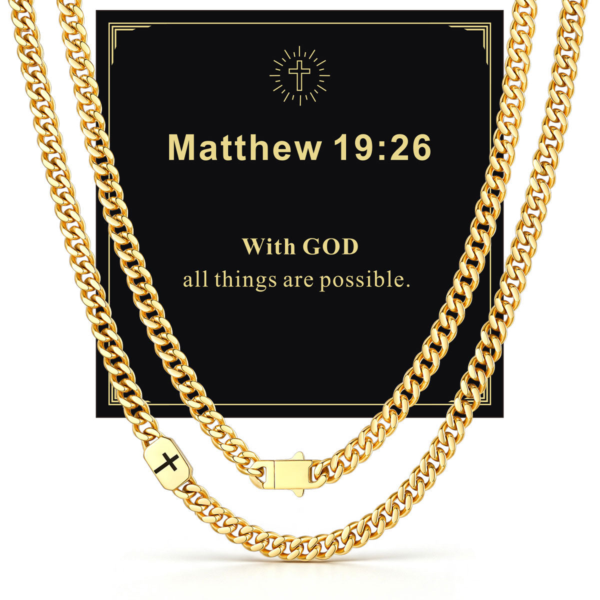 Gold Plated Custom Cross 7mm Cuban Link Chain Necklace in Stainless Steel with greeting card Matthew 19:26