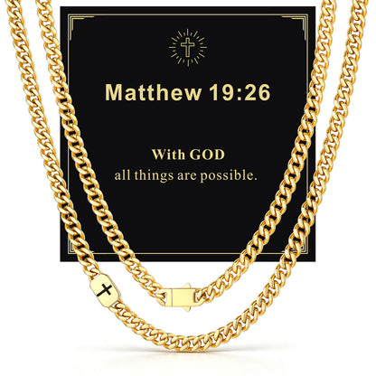 Gold Plated Custom Cross 7mm Cuban Link Chain Necklace in Stainless Steel with greeting card Matthew 19:26