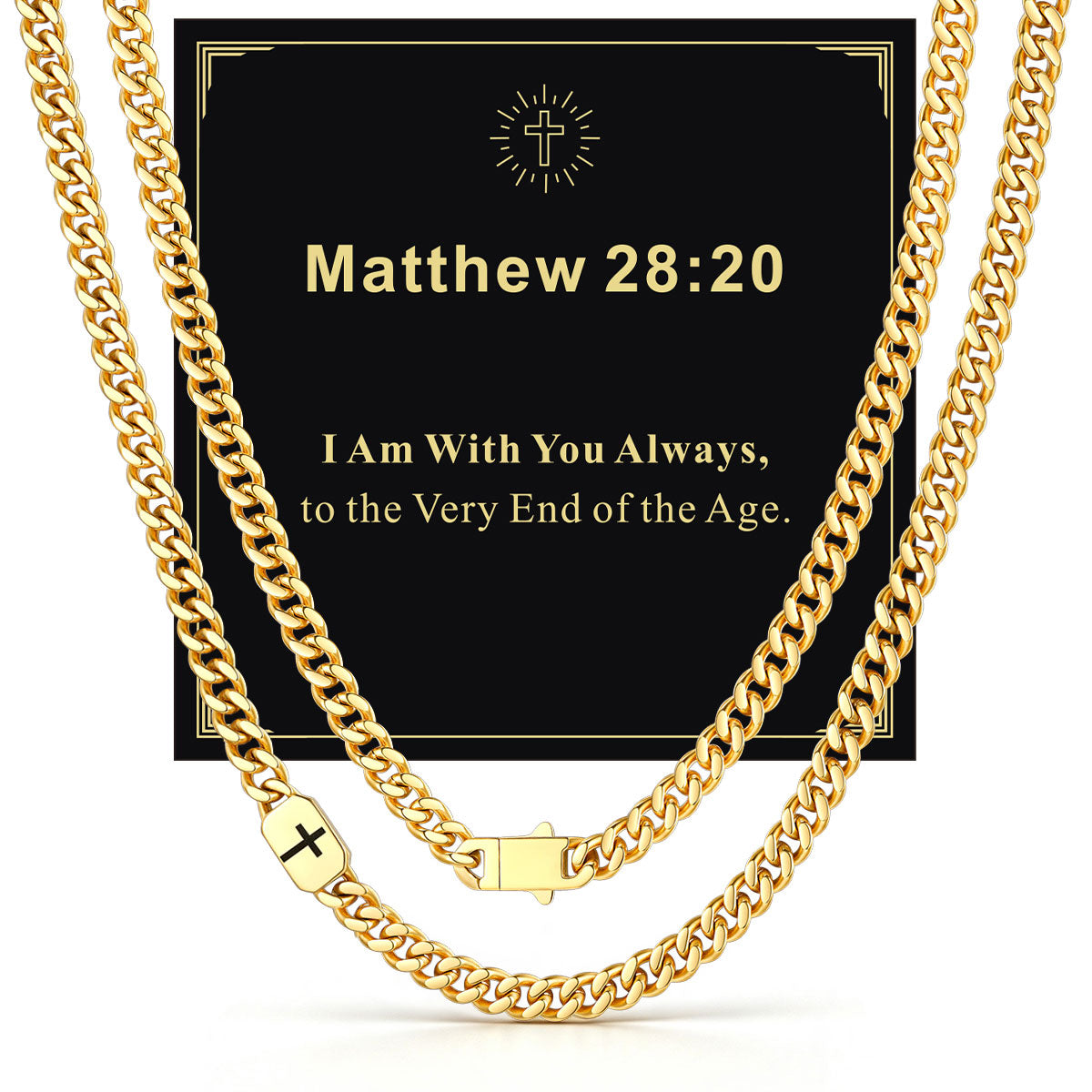 Gold Plated Custom Cross 7mm Cuban Link Chain Necklace in Stainless Steel with greeting card Matthew 28:20