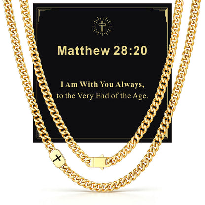 Gold Plated Custom Cross 7mm Cuban Link Chain Necklace in Stainless Steel with greeting card Matthew 28:20