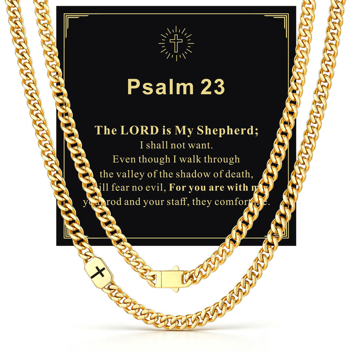 Gold Plated Custom Cross 7mm Cuban Link Chain Necklace in Stainless Steel with greeting card Psalm 23
