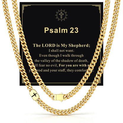 Gold Plated Custom Cross 7mm Cuban Link Chain Necklace in Stainless Steel with greeting card Psalm 23