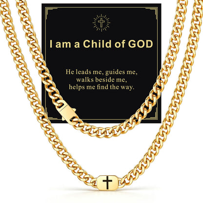 Gold Plated Custom Cross 9mm Cuban Link Chain Necklace in Stainless Steel with greeting card I am a Child of GOD