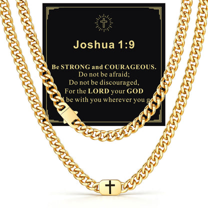Gold Plated Custom Cross 9mm Cuban Link Chain Necklace in Stainless Steel with greeting card Joshua 1:9