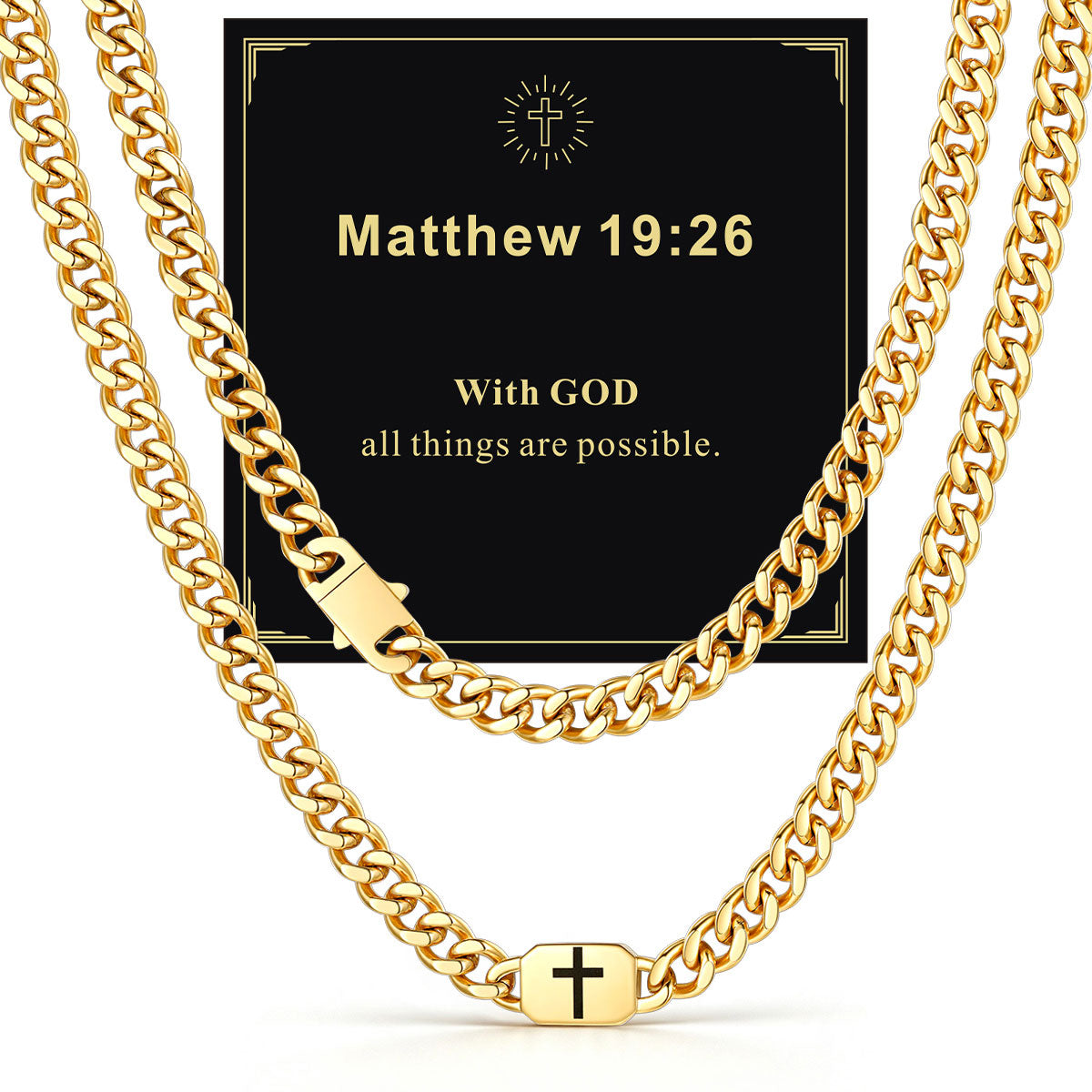 Gold Plated Custom Cross 9mm Cuban Link Chain Necklace in Stainless Steel with greeting card Matthew 19:26