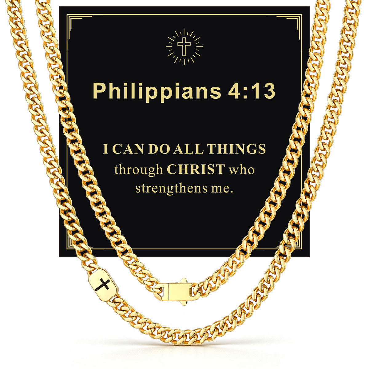 Gold Plated Custom Cross 9mm Cuban Link Chain Necklace in Stainless Steel with greeting card Philippians 4:13