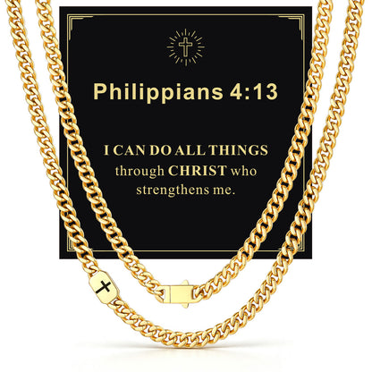 Gold Plated Custom Cross 9mm Cuban Link Chain Necklace in Stainless Steel with greeting card Philippians 4:13