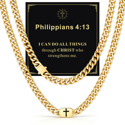 Gold Plated Custom Cross Cuban Link Chain Necklace in Stainless Steel with greeting card Philippians 4:13