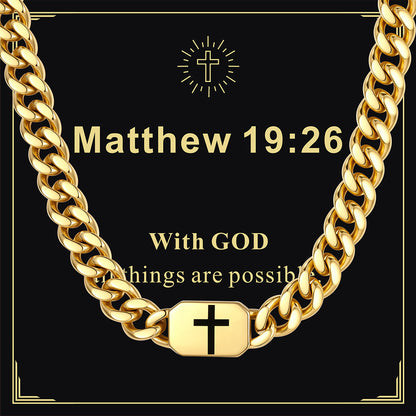 Gold Plated Custom Cross Cuban Link Chain Necklace with greeting card Matthew 19:26