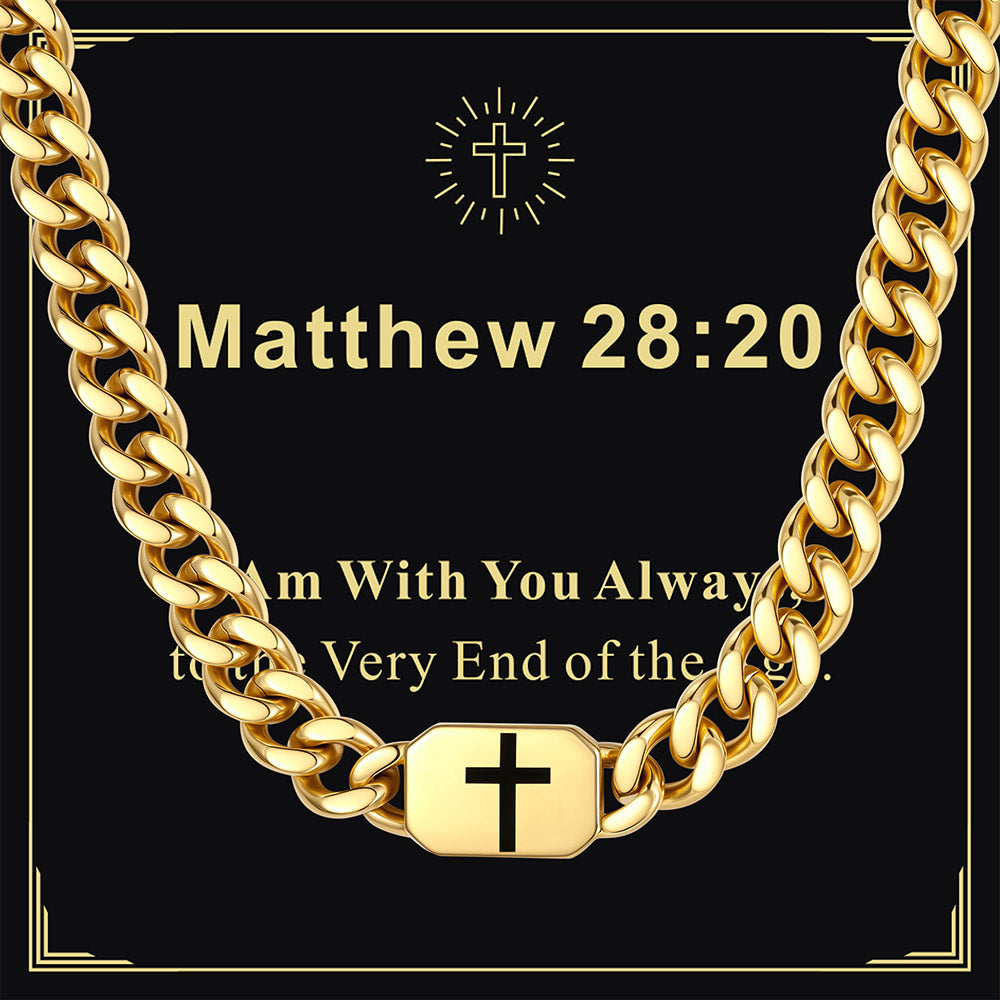 Gold Plated Custom Cross Cuban Link Chain Necklace with greeting card Matthew 28:20
