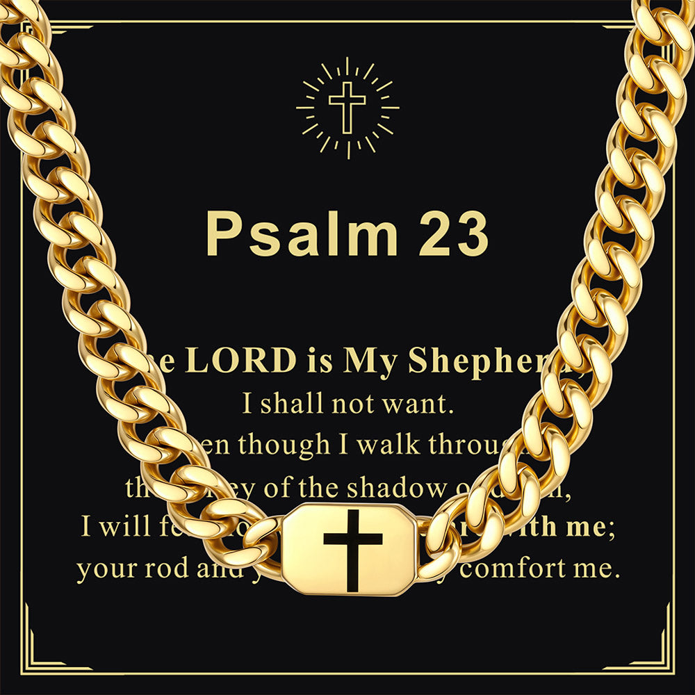 Gold Plated Custom Cross Cuban Link Chain Necklace with greeting card Psalm 23