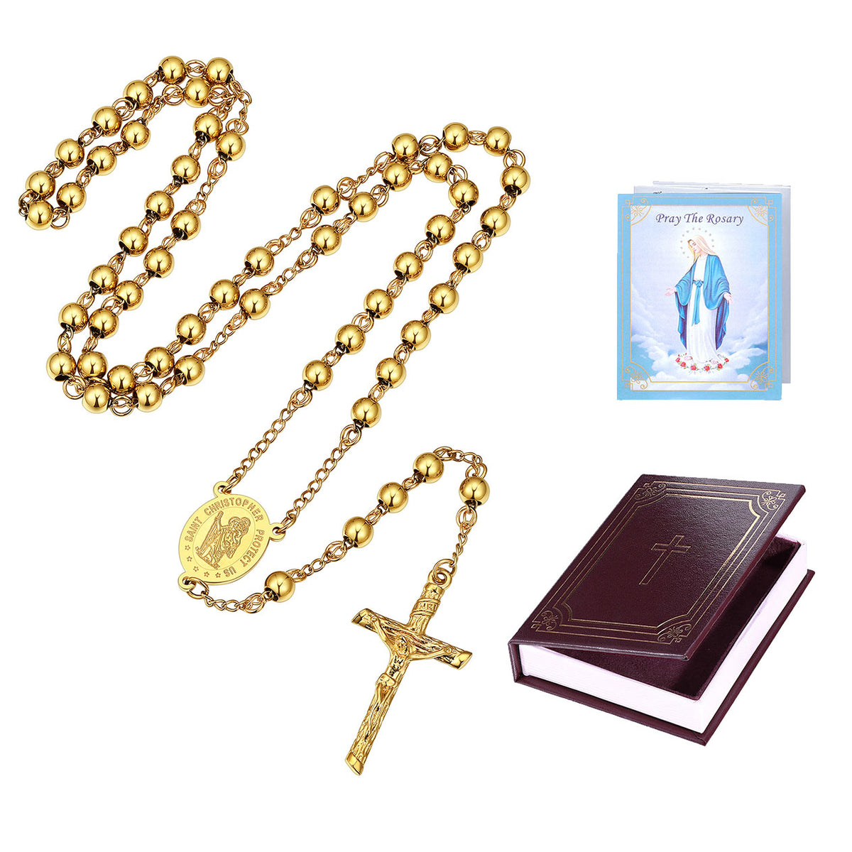 Gold Plated Custom Saint Christopher Rosary Beads Necklace with Cross with greeting card and gift box