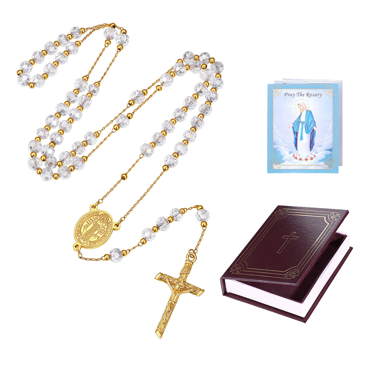 Gold Plated Custom Saint Christopher Rosary Crystal Beads Necklace with Cross with greeting card and gift box