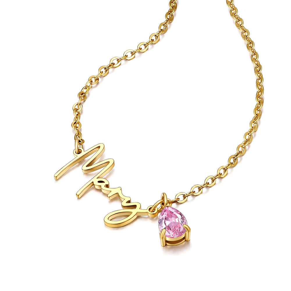 Gold Plated Custom Sideways Name Birthstone Necklace for Women on a white background