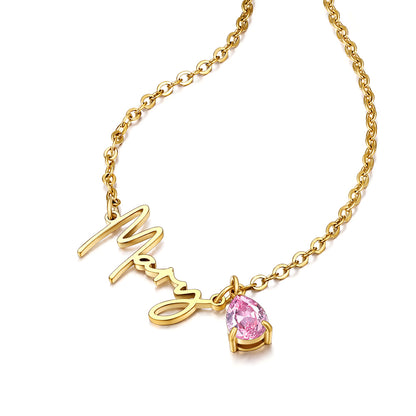 Gold Plated Custom Sideways Name Birthstone Necklace for Women on a white background