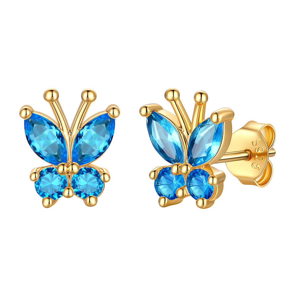 Gold Plated December Birthstone Butterfly Stud Earrings on white background