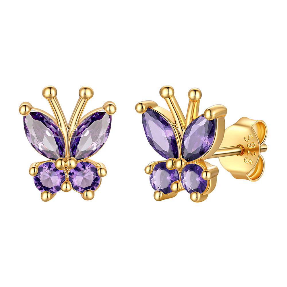 Gold Plated February Birthstone Butterfly Stud Earrings on white background