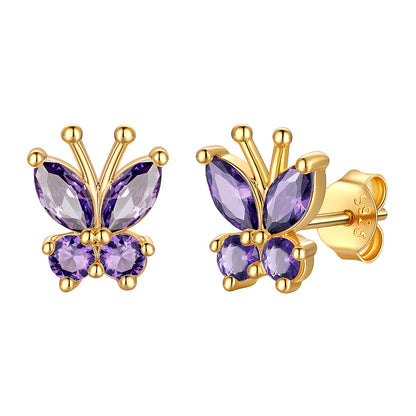 Gold Plated February Birthstone Butterfly Stud Earrings on white background