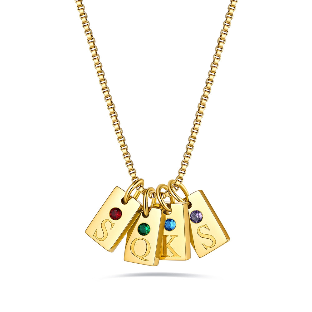 Gold Plated Personalized Initial Birthstone 4 Tags Necklace on a white background