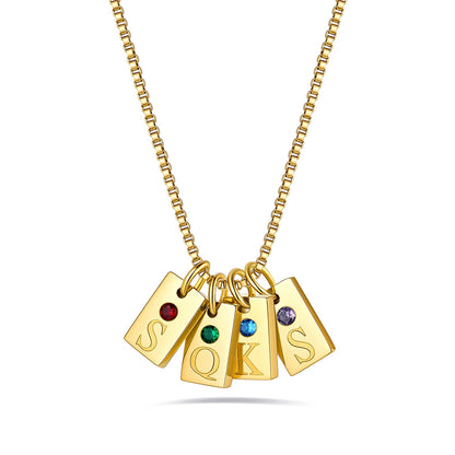 Gold Plated Personalized Initial Birthstone 4 Tags Necklace on a white background