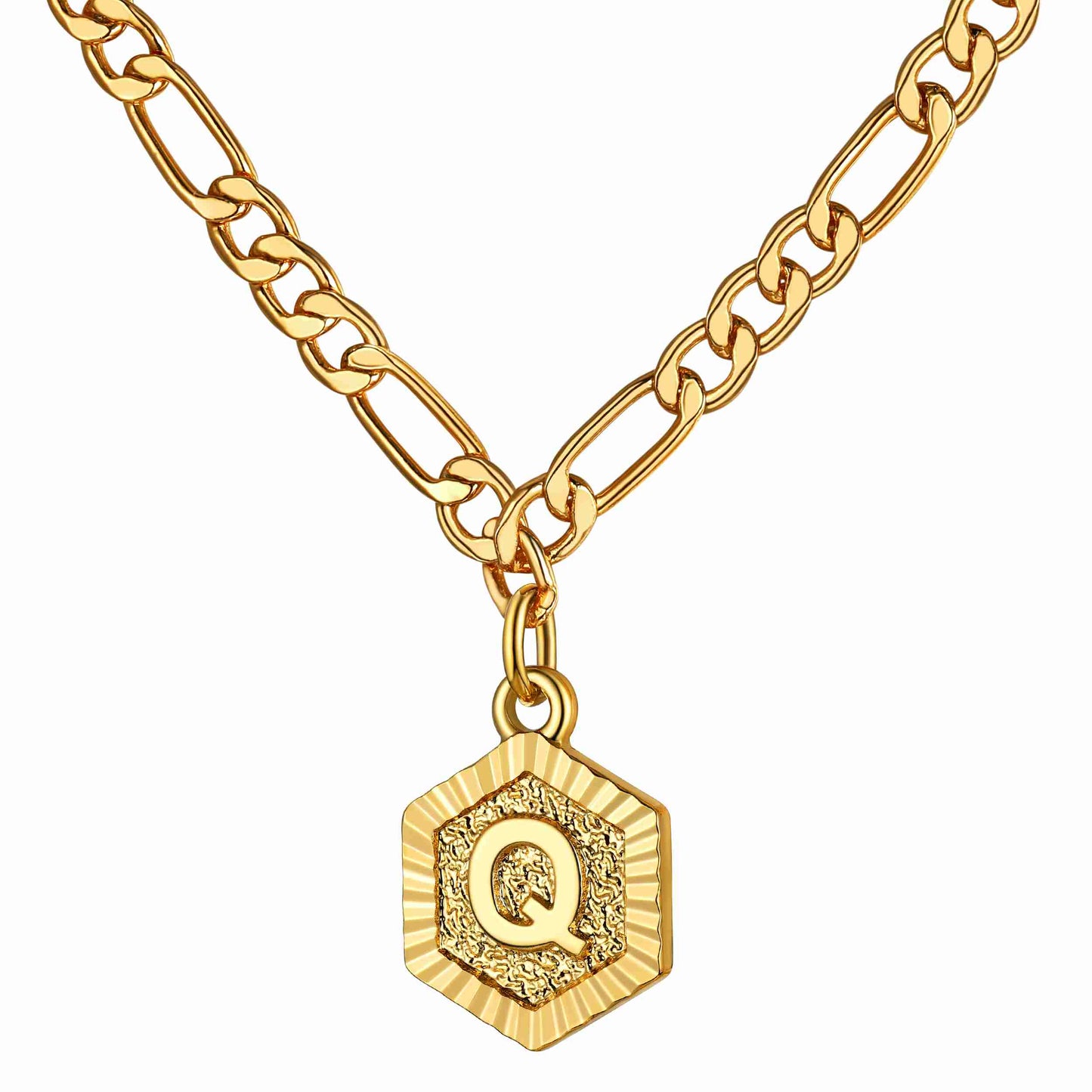 Gold Plated Initial Q Charm Figaro Chain Necklace