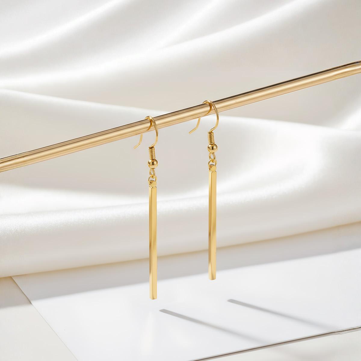 Gold Plated Long Vertical Bar Dangle Earrings