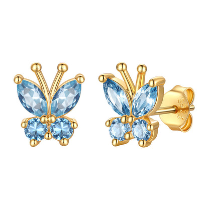 Gold Plated March Birthstone Butterfly Stud Earrings on white background