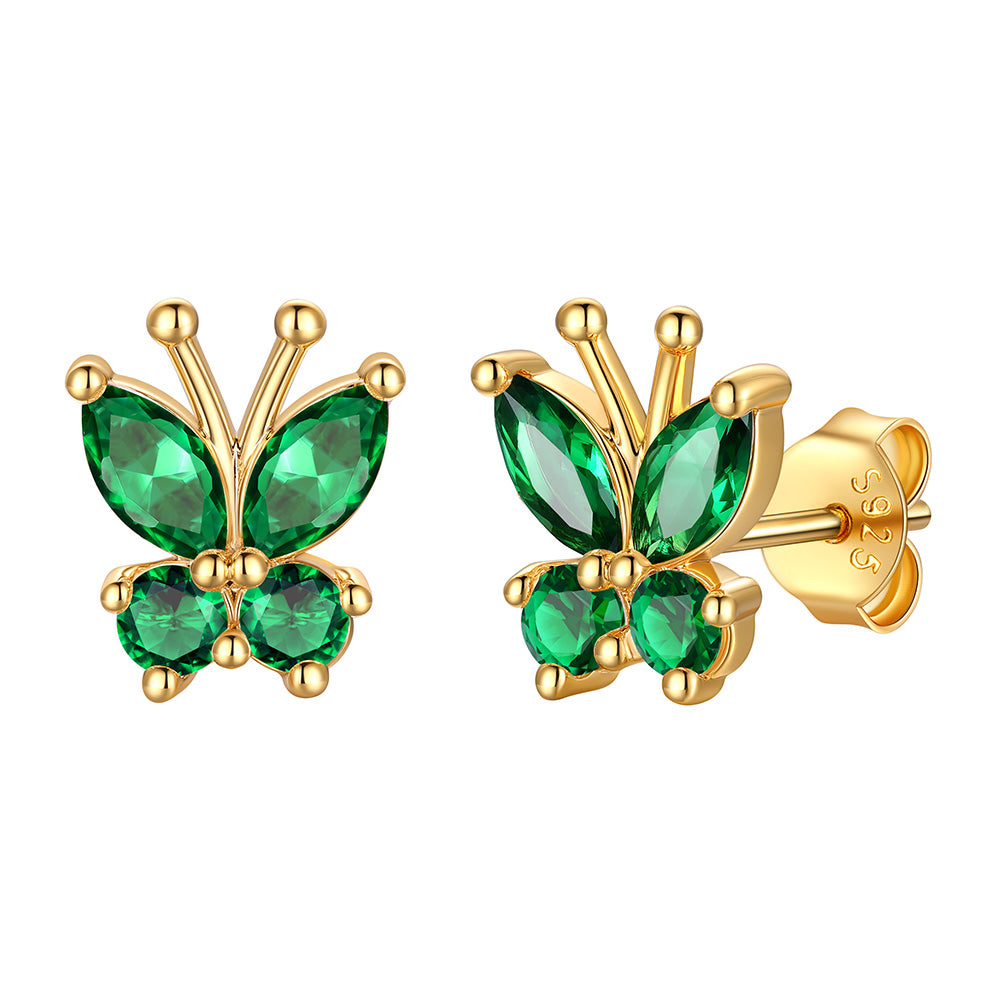 Gold Plated May Birthstone Butterfly Stud Earrings on white background