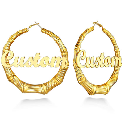 Gold Plated Name Bamboo Hoop Earrings 80mm