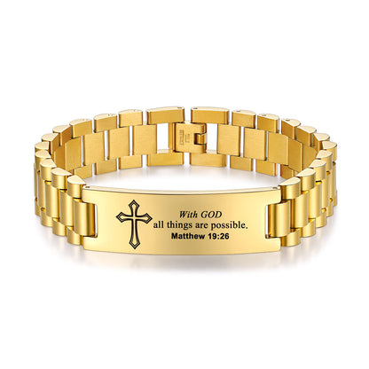 Gold Plated Personalized Engraved Cross Bracelet for Men and Women on a white background 