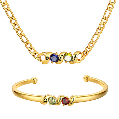 Gold Plated Personalized Family 2 Birthstone Necklace and Bracelet Set on a white background